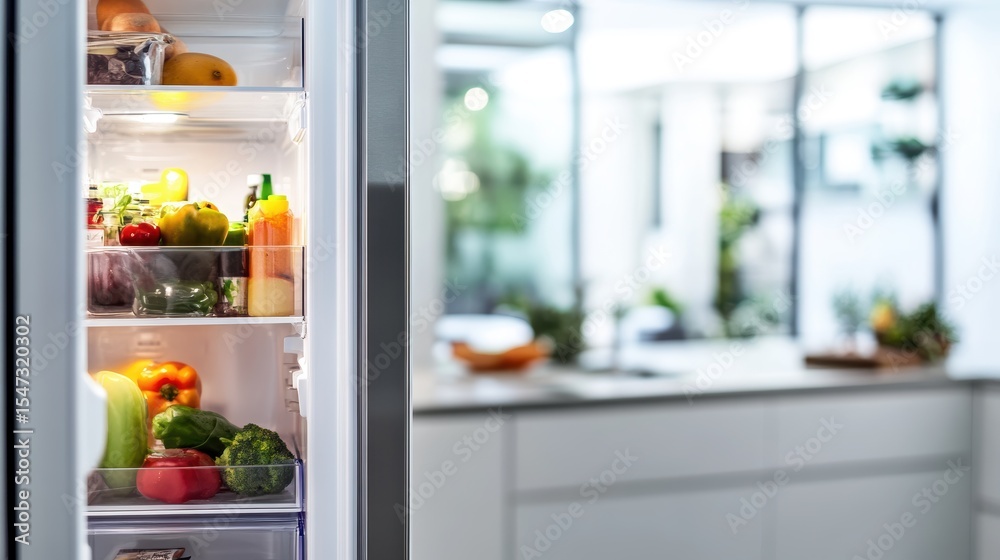 Refrigerator filled with fresh fruits, vegetables, and drinks in modern kitchen setting, healthy eating and food storage concepts for nutrition lifestyle. Refrigerator filled with fresh fruits, vegetables, and drinks in modern kitchen setting, healthy eating and food storage concepts for nutrition lifestyle.