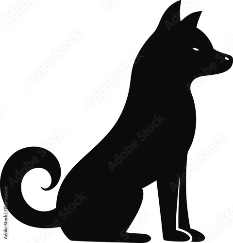 Sitting Shiba Inu Silhouette: A Distinctive Outline of the Fox-Like Canine with Curled Tail, Ideal for Capturing Alert Charm and Independent Spirit on White Background.