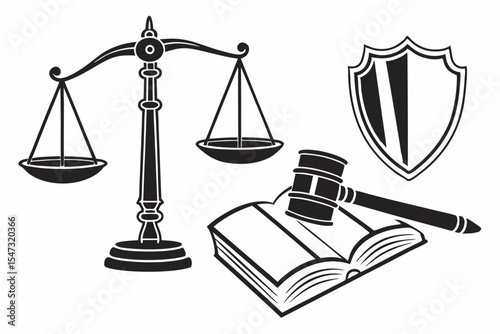 Justice scale gavel and law book isolated on white background