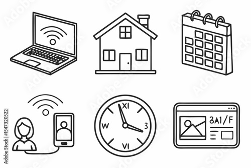 Laptop house calendar phone clock and browser isolated on white