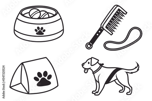 Dog bowl comb dog food and dog isolated on white background