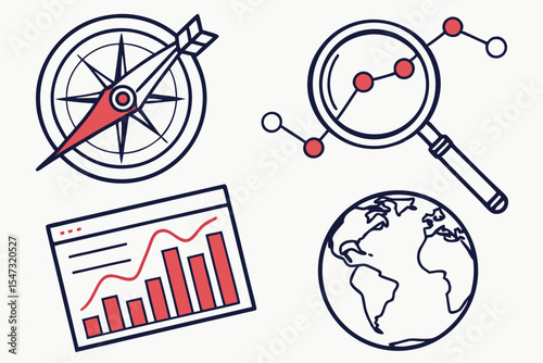 Compass magnifier graph and globe isolated on white background