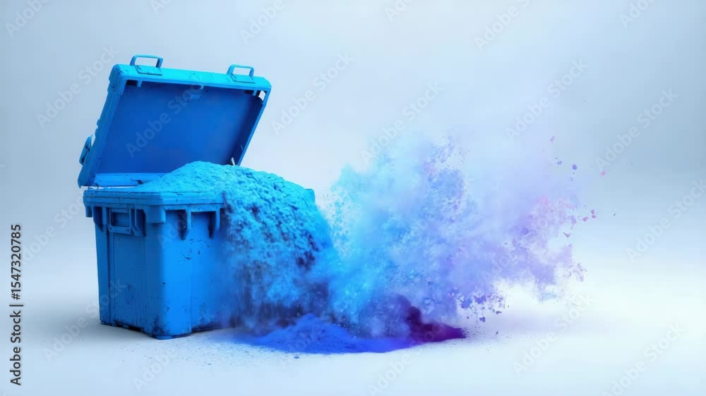 A blue container with its lid open releases a vibrant burst of blue and purple powder into the air.