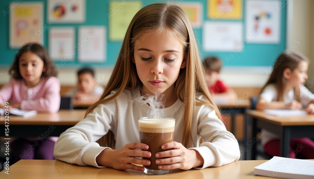 girl in classroom holding hot beverage with steam rising while seated at desk surrounded by other students girl in classroom holding hot beverage with steam rising while seated at desk surrounded by other students