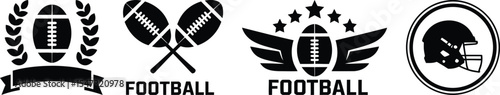 Collection of American football logo elements including player silhouette, helmet, ball, and badge designs