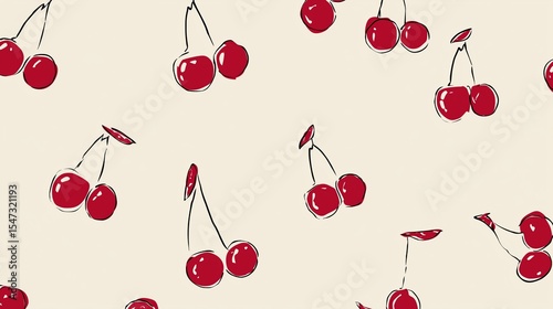 Hand-drawn cherry seamless pattern with vibrant red fruits and soft edges on cream background, minimalist whimsical vector illustration