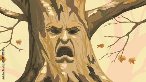 the wrath of time, wise face expressing anger, halloween tree in the dark