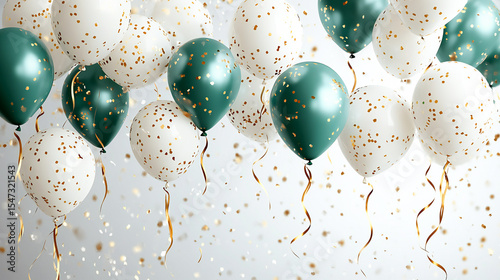 Green and white balloons with golden ribbons on a light background celebration concept for a Happy Birthday party banner template design