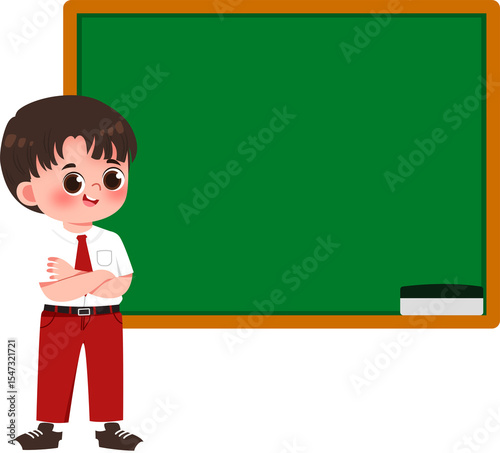 Student Standing Next to Green Chalkboard
