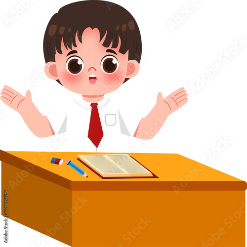 Adorable cartoon student boy at school desk, raising hands with a surprised or questioning expression. Education concept.