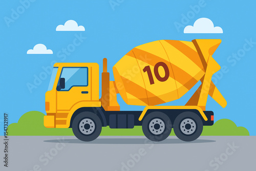Ilustrasi Vektor Mobil mixer Warna Cerah untuk Edukasi Anak angka 10
