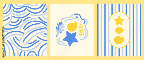 Collection vector abstract summer posters. design with seashells and sea waves