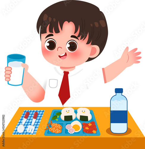 Smiling schoolboy enjoying a healthy lunch with milk, onigiri, and water. Cartoon illustration of a child eating a balanced meal.