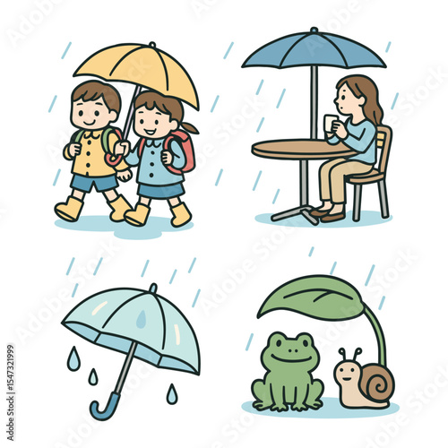 雨の日のシーンイラスト｜子ども・紫陽花・カフェ・動物たち