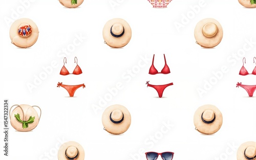 Summer apparel for beach vacation bikini swimsuit floppy hat flip-flops sunglasses, watercolor illustration seamless pattern on white background. Watercolor seamless pattern with beach vacation