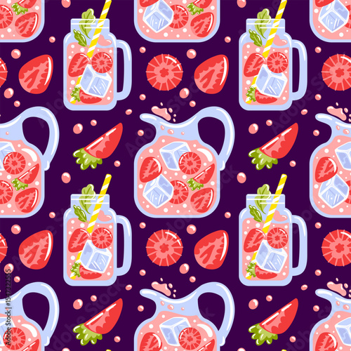 Seamless pattern with refreshing strawberry lemonade in a pitcher. Bright strawberries, piquant berry slices create a cheerful summer atmosphere, perfect for drinks and desserts.