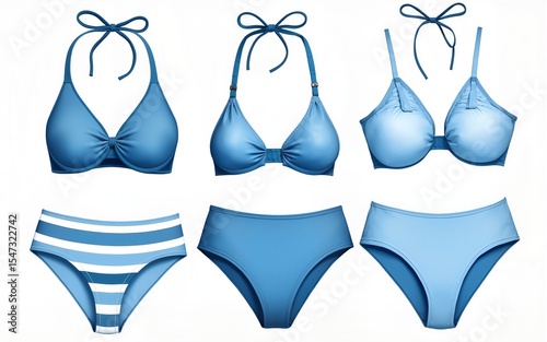 Blue stripes two piece bikini swimsuits watercolor style for summer decorative element. High quality