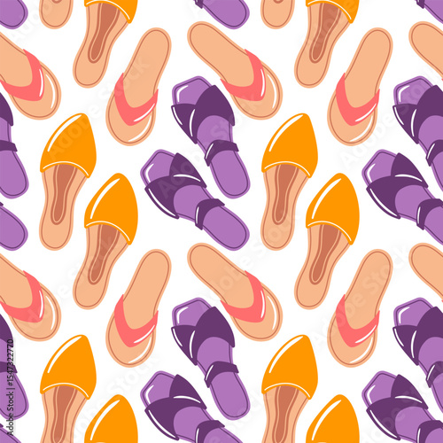 This seamless pattern showcases trendy summer sandals, perfect for capturing the spirit of sunny days. Ideal for fashion projects, beachwear, and vibrant designs that celebrate summer style and warmth