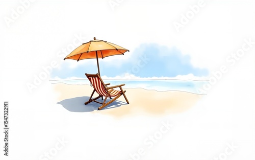 Beach Chair and Umbrella Watercolor Illustration. High quality