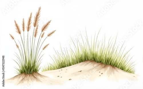 Coastal dune, sea grass set. Hand drawn watercolor illustration isolated on white background. High quality