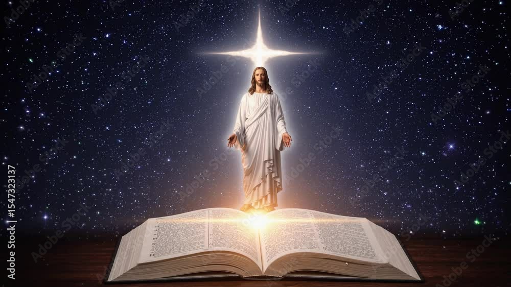Jesus rising in divine glory from open Bible with radiant cross in ...