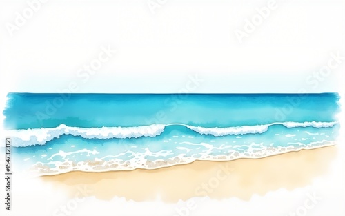 Horizontal seascape watercolor illustration isolated on white. Ocean coast with sand clip art for tropical and summer vacation designs in bright blue and turquoise colors. High quality