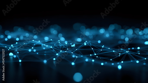 Glowing blue network connections with bokeh light effects on dark background, abstract technology concept for digital transformation and connectivity.