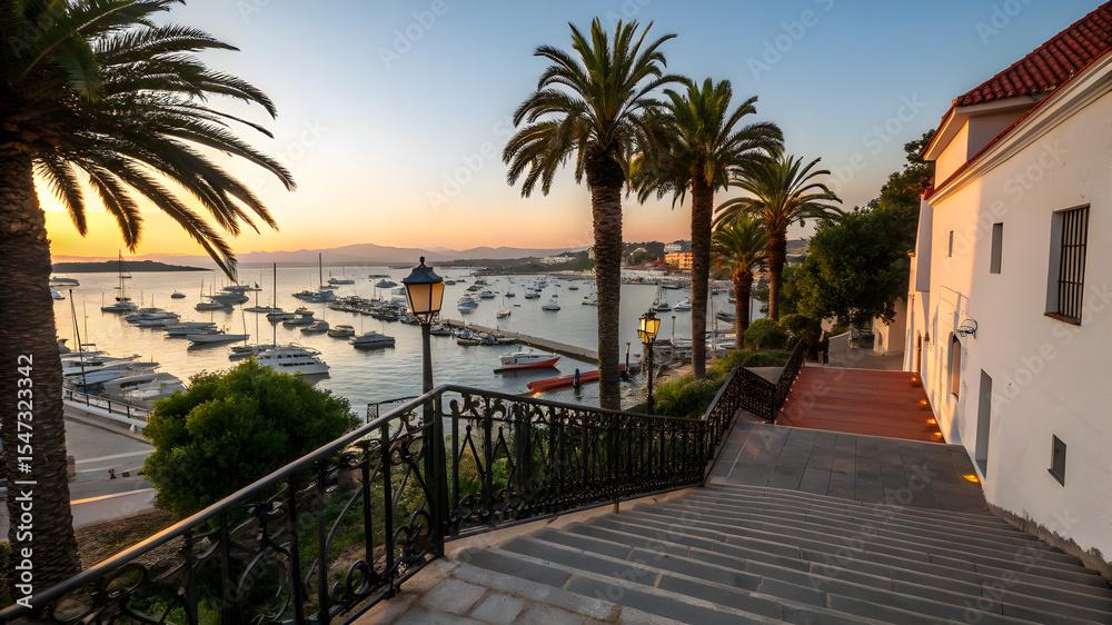 Fototapeta premium Sunset over the marina, with silhouetted palm trees framing the tranquil water and colorful sky