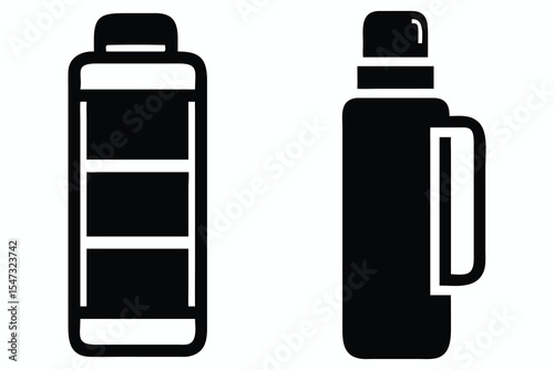 Black and White Icon of a Battery and Thermos. Simple, black and white icons depicting a battery with three levels of charge and a thermos.