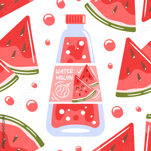 Seamless pattern featuring watermelon soda in a glass bottle, complemented by juicy watermelon pieces, creating a fun and refreshing design ideal for summer-themed projects and beverage illustrations.