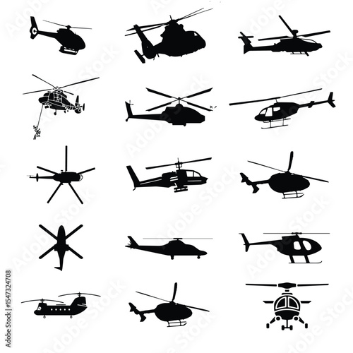 Helicopter Silhouette Collection. Set of chopper, aircraft, and aviation vector icons from various angles.