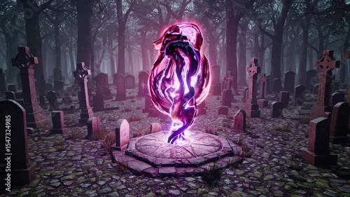 Dark necromancer summoning magical energy in graveyard with glowing purple spell, concept of dark magic, sorcery, undead rituals, supernatural power and fantasy spellcasting