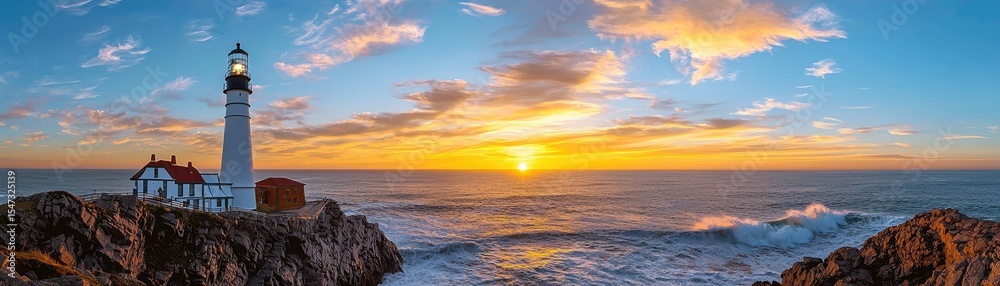 Fototapeta premium Majestic Lighthouse Illuminating Rocky Cliff Beach