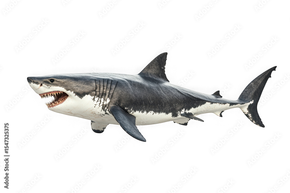 Fototapeta premium Great white shark image, predator of the ocean, marine animal, dangerous fish stock photo, underwater wildlife, apex predator, isolated on transparent background