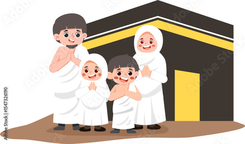 Cartoon Family in Ihram at Kaaba, Religious Pilgrimage.