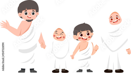 Cartoon Family in White Garments, Smiling Together.