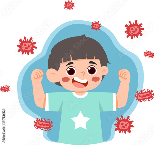 Child Flexing, Surrounded by Virus Icons, Blue Shield Illustration