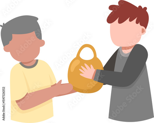 Passing a Golden Bag: Generosity Between Two Individuals, Simple Vector Illustration.