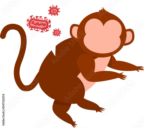 Cartoon Monkey with Skin Lesion and Floating Virus Particles.
