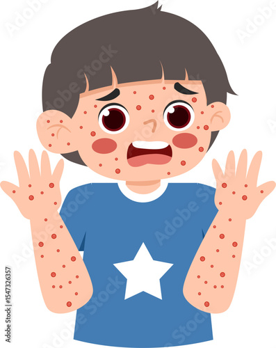 Boy with Rash: Uncomfortable, Itchy Skin Condition, Red Spots, Cartoon Style.