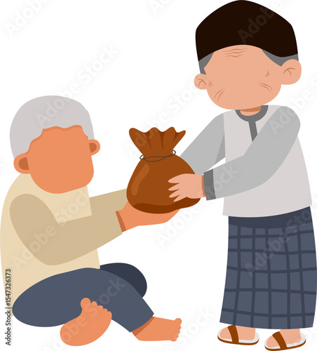 Generosity: Man Giving Alms to Seated Individual, Brown Sack, Simple Cartoon Style.
