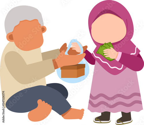 Charity: Woman in hijab gives money to a barefoot elder with a donation box.