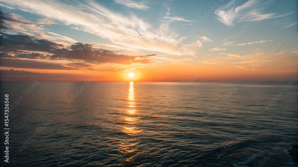 Fototapeta premium A vibrant sunset casts orange and pink hues over the ocean, with fluffy clouds scattered across the sky