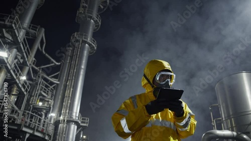 Worker in full hazmat suit operating tablet inside chemical processing facility with smoke and metal structures, concept of industrial safety, toxic environment, hazardous materials handling