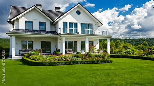 Modern two-story house with a lush green lawn and vibrant flower beds under a bright blue sky
