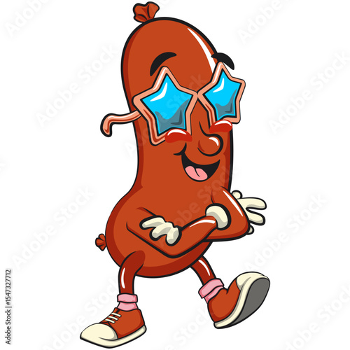 Cheerful sausage cartoon mascot wearing stars shaped beach sunglasses, fun meat snack character illustration, isolated high-quality vector perfect for branding and design use, work of hand drawn