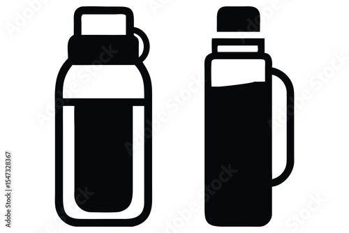Insulated Beverage Bottles, Hot and Cold Options. Two simple black and white silhouettes of insulated beverage bottles, one showing hot beverage steam, the other a standard bottle.