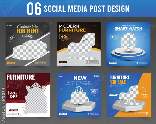 Collection of six social media post designs showcasing promotions and advertisements with discounts