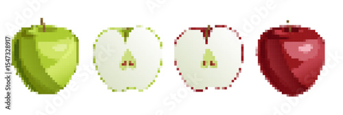 Colorful vector featuring various apples in different styles and colors suitable for background design. Pixel art.