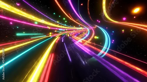 Vibrant neon light trails create a dynamic, futuristic road scene, evoking speed and energy